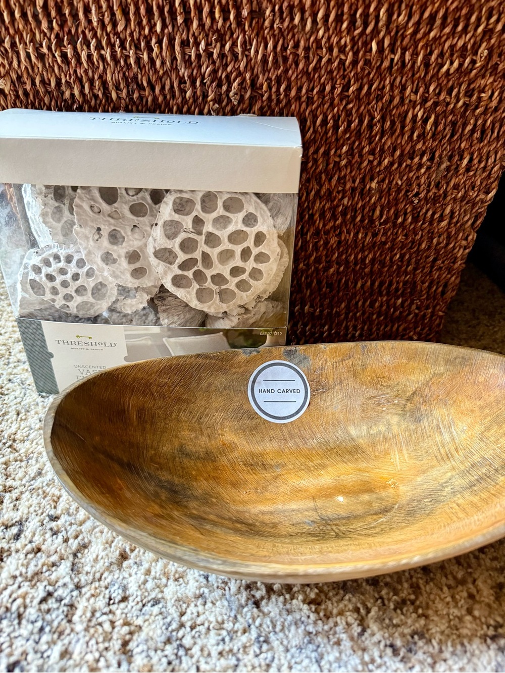 Hand-Carved Wooden Decorative Bowl - Honey Brown. Vase Filler Included